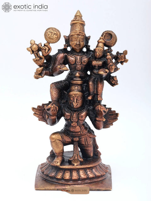 5" Small Lord Vishnu and Goddess Lakshmi Seated on Divine Vehicle Garuda | Copper Statue | Made in India
