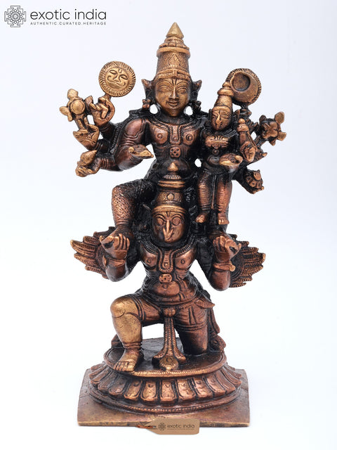 5" Small Lord Vishnu and Goddess Lakshmi Seated on Divine Vehicle Garuda | Copper Statue | Made in India