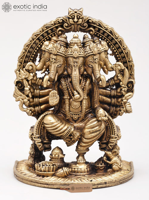 3" Ashtabhuja Ganesha Five Heads Copper Statue on Kirtimukha Throne
