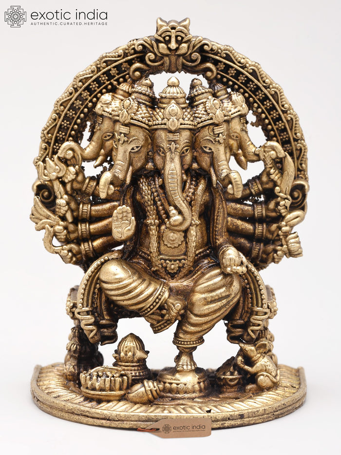 3" Ashtabhuja Ganesha Five Heads Copper Statue on Kirtimukha Throne