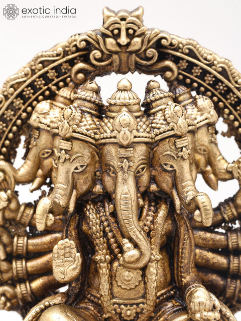 3" Small Ashtabhuja Lord Ganesha with Five Heads Seated on Kirtimukha Throne | Copper Statue | Made in India