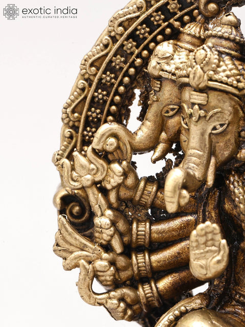 3" Small Ashtabhuja Lord Ganesha with Five Heads Seated on Kirtimukha Throne | Brass Statue | Made in India