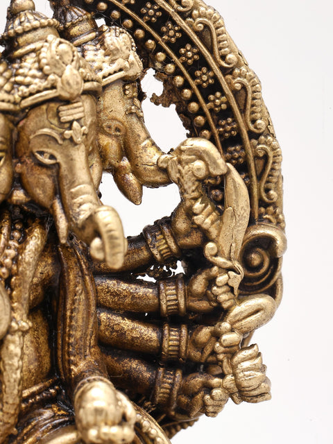 3" Small Ashtabhuja Lord Ganesha with Five Heads Seated on Kirtimukha Throne | Copper Statue | Made in India