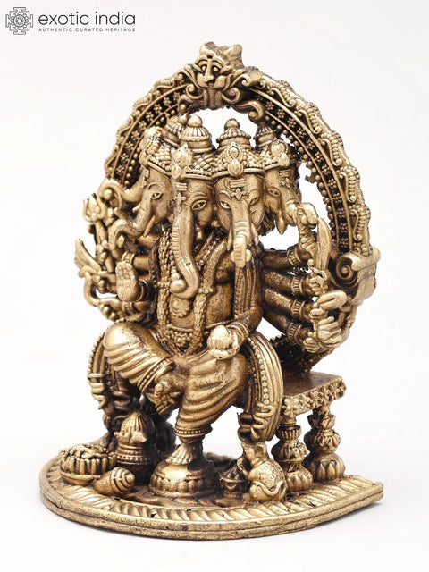 3" Small Ashtabhuja Lord Ganesha with Five Heads Seated on Kirtimukha Throne | Brass Statue | Made in India