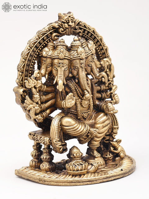 3" Small Ashtabhuja Lord Ganesha with Five Heads Seated on Kirtimukha Throne | Copper Statue | Made in India