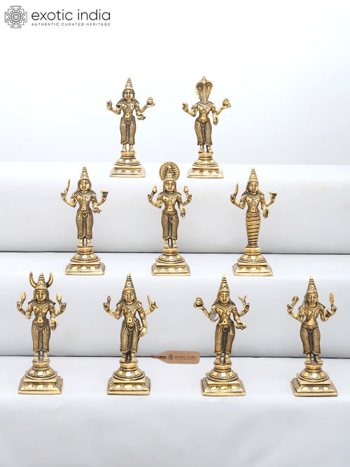 6" Navagraha Brass Statues Handmade Hindu Deities Set