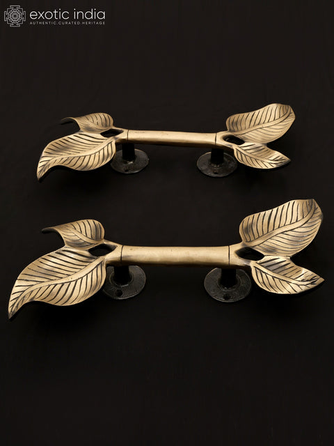 13" Leaf Design Brass Door Handles Pair