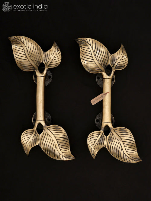 13" Leaf Design Brass Door Handles Pair Handmade