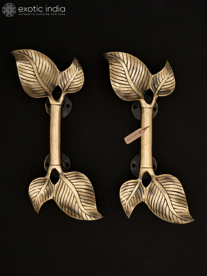 13" Leaf Design Brass Door Handles Pair Handmade