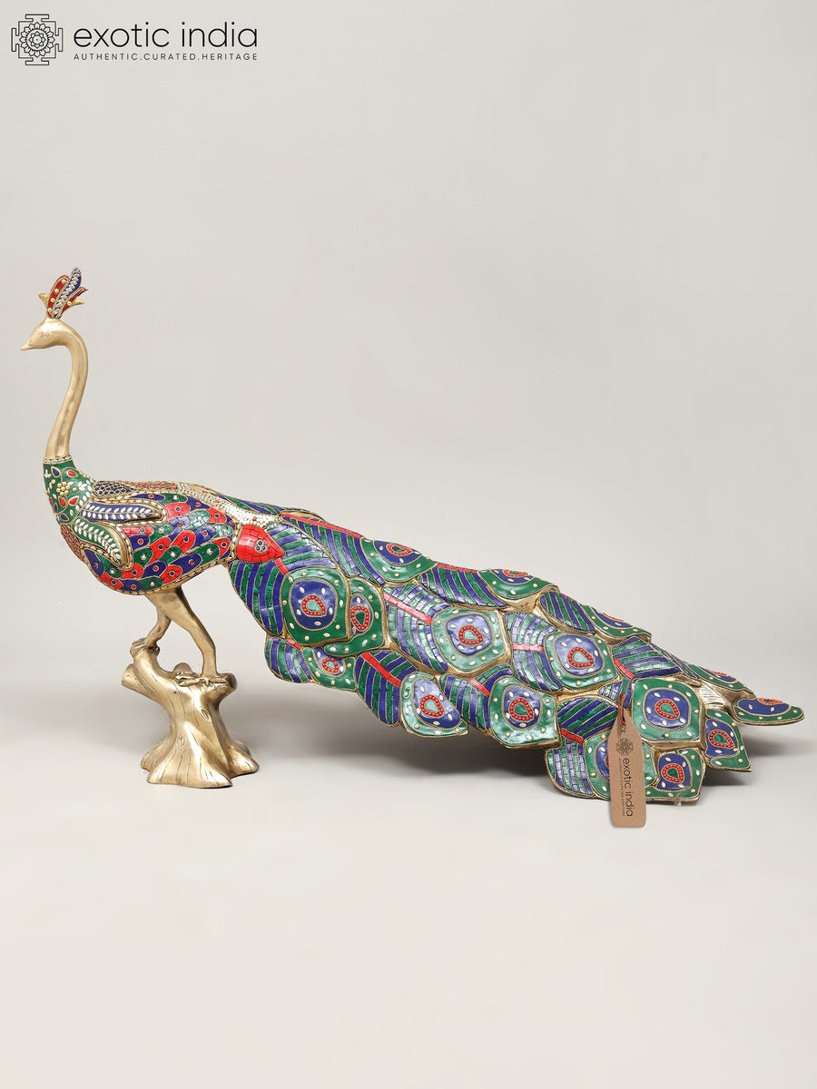36" Large Peacock Brass Statue with Inlay Work