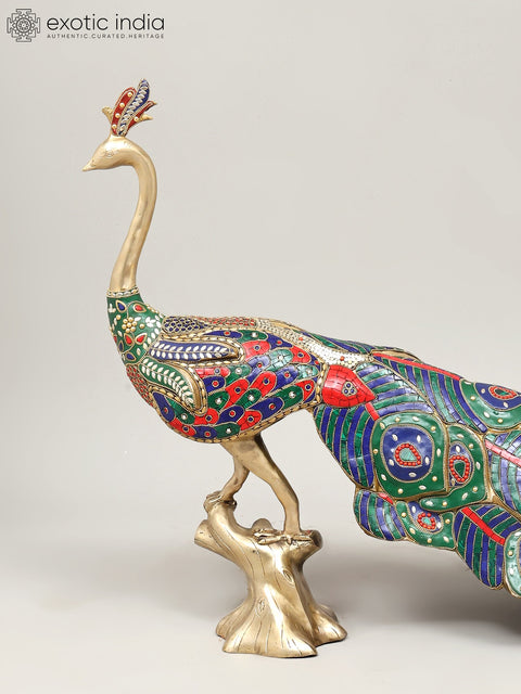 36" Large Size Peacock | Brass Statue with Inlay Work