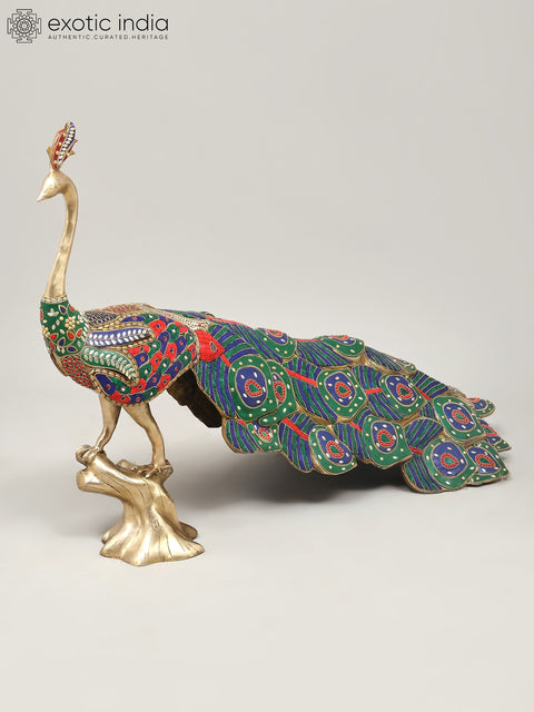 36" Large Size Peacock | Brass Statue with Inlay Work