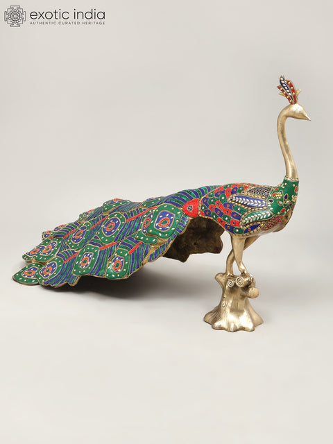 36" Large Size Peacock | Brass Statue with Inlay Work