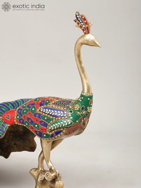 36" Large Size Peacock | Brass Statue with Inlay Work