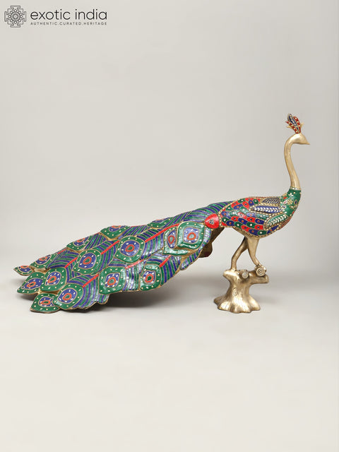 36" Large Size Peacock | Brass Statue with Inlay Work