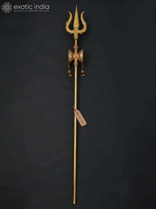 67" Large Lord Shiva Trishul Trident Brass Statue with Damaru and Bells