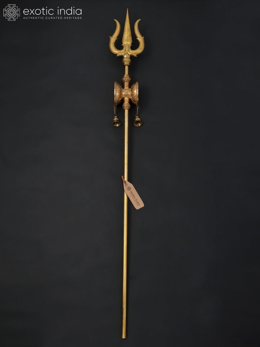67" Large Lord Shiva Trishul Trident Brass Statue with Damaru and Bells