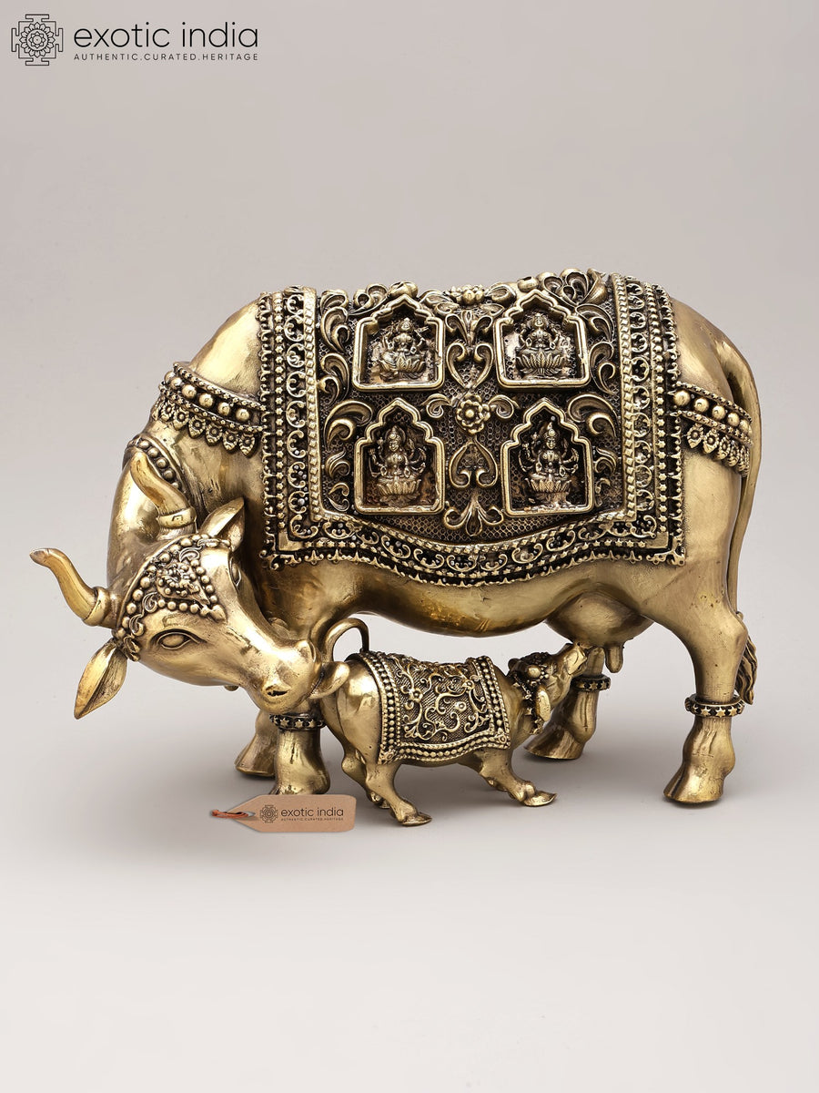 9" Brass Cow and Calf with Ashtalakshmi Handmade Statue
