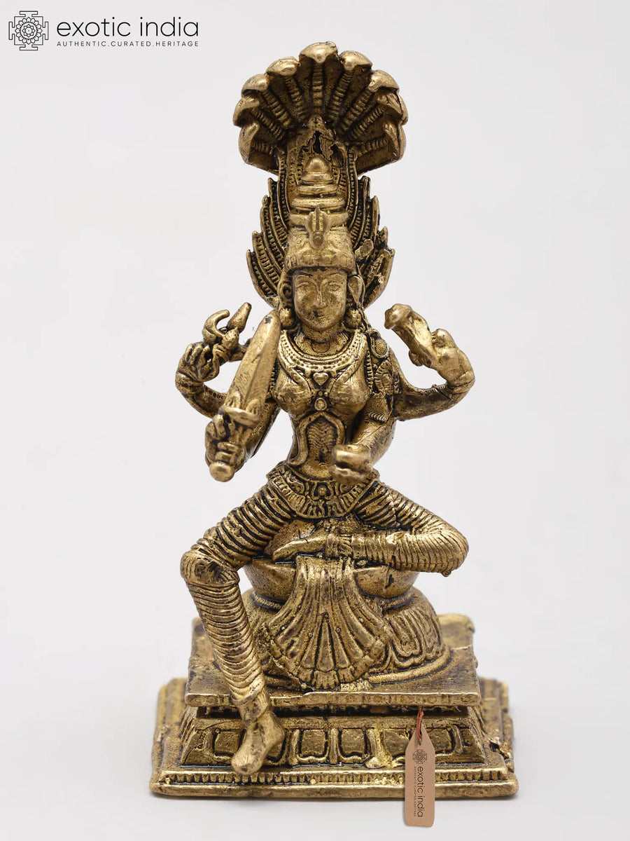Small Goddess Mariamman Seated on Pedestal Handmade Copper Statue