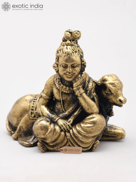 Small Bal Gopal (Krishna) Seated with Cow | Handmade | Copper Statue
