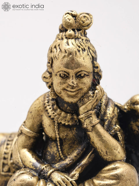 Small Bal Gopal (Krishna) Seated with Cow | Handmade | Copper Statue