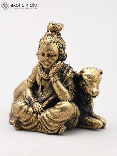 Small Bal Gopal (Krishna) Seated with Cow | Handmade | Copper Statue