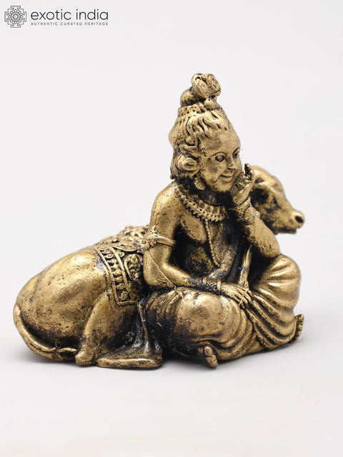 Small Bal Gopal (Krishna) Seated with Cow | Handmade | Copper Statue