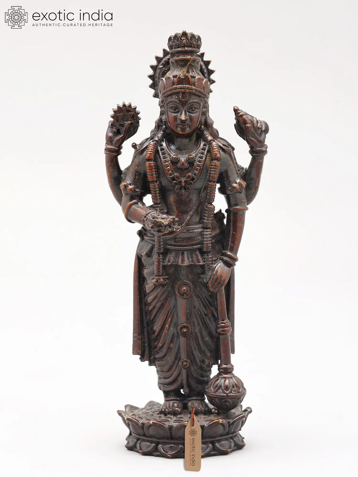 Four Armed Lord Vishnu Standing on Lotus with Shankha, Chakra & Mace | Handmade | Copper Statue