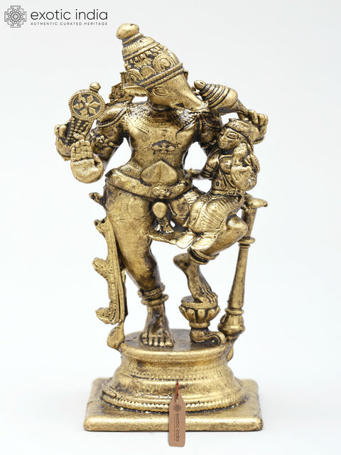 3" Small Four Armed Lord Vishnu as Varaha with Devi Lakshmi | Handmade | Copper Statue