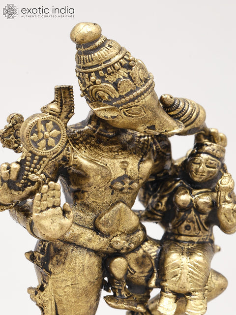 3" Small Four Armed Lord Vishnu as Varaha with Devi Lakshmi | Handmade | Copper Statue