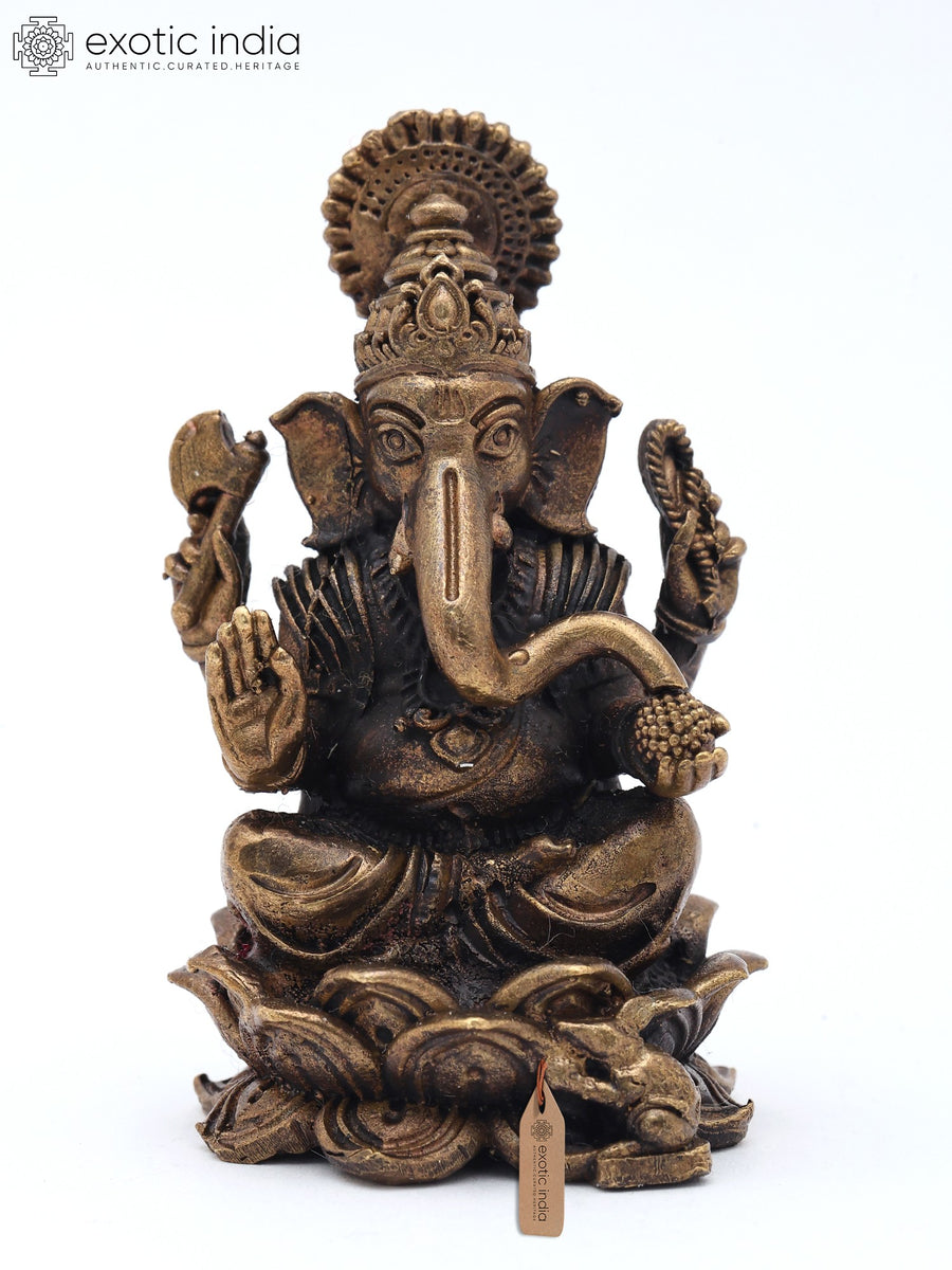 2" Small Lord Ganesha Seated on Lotus with Mouse Vahana Copper Statue