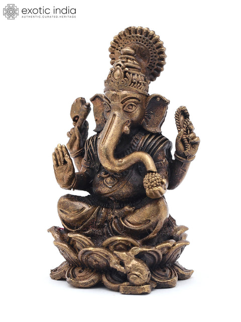 2" Small Lord Ganapati Seated on Lotus with Mushak Vahana | Copper Statue | Made in India