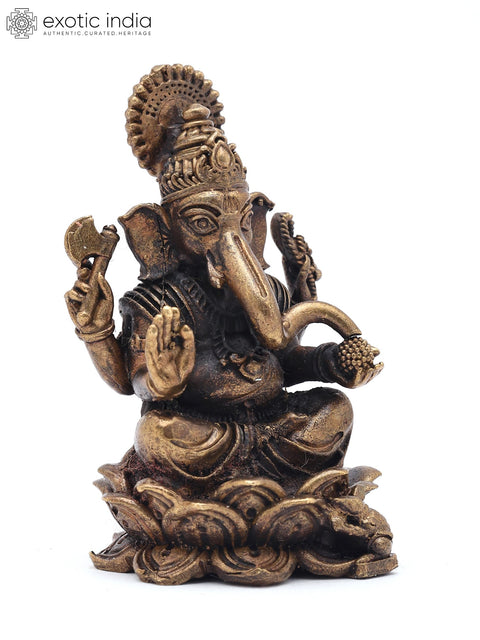 2" Small Lord Ganapati Seated on Lotus with Mushak Vahana | Copper Statue | Made in India