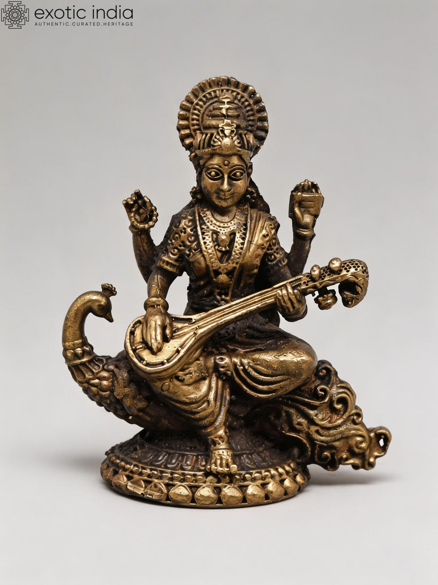 2" Copper Devi Saraswati Playing Veena Statue - Goddess of Knowledge