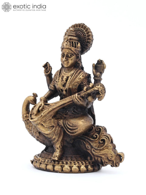 2" Small Devi Saraswati Playing Veena on Peacock - Goddess of Knowledge & Music | Copper Statue | Made in India