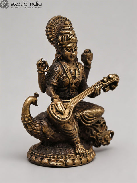 2" Small Devi Saraswati Playing Veena on Peacock - Goddess of Knowledge & Music | Copper Statue | Made in India