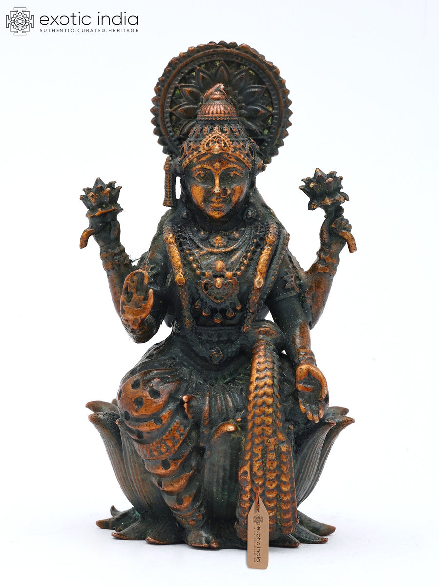 2" Four Armed Dhanalakshmi Brass Statue on Lotus Throne