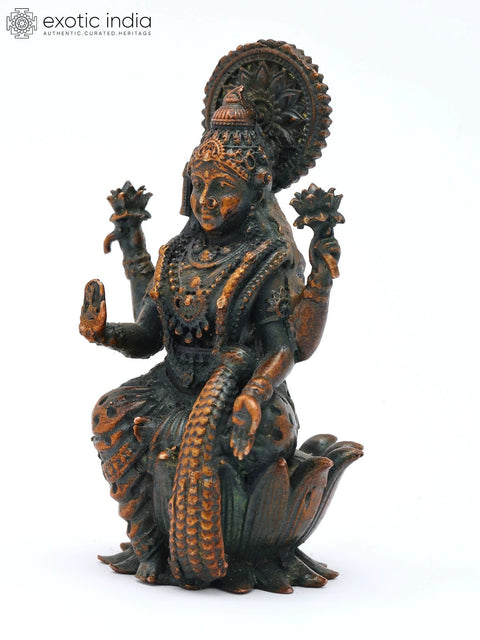 2" Small Four Armed Goddess Dhanalakshmi Seated on Lotus Throne | Brass Statue | Made in India