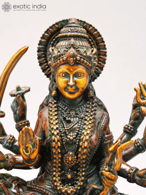 6" Small Eight Armed Goddess Durga Seated on Lion | Copper Statue | Made in India