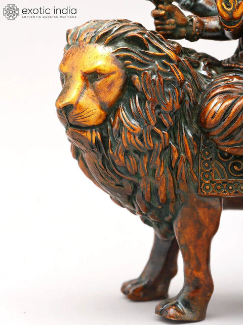 6" Small Eight Armed Goddess Durga Seated on Lion | Copper Statue | Made in India