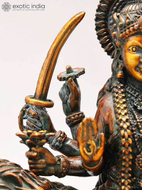 6" Small Eight Armed Goddess Durga Seated on Lion | Copper Statue | Made in India