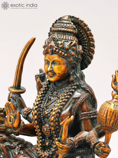 6" Small Eight Armed Goddess Durga Seated on Lion | Copper Statue | Made in India