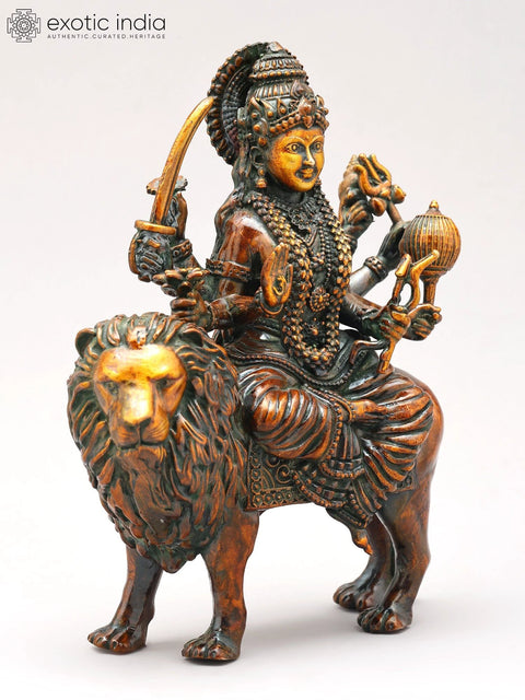 6" Small Eight Armed Goddess Durga Seated on Lion | Copper Statue | Made in India