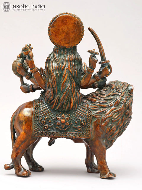 6" Small Eight Armed Goddess Durga Seated on Lion | Copper Statue | Made in India