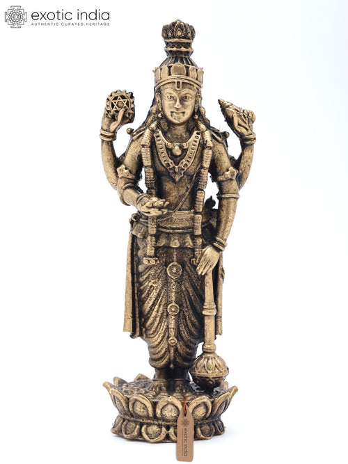 5" Lord Vishnu Standing on Lotus Copper Statue with Sacred Symbols