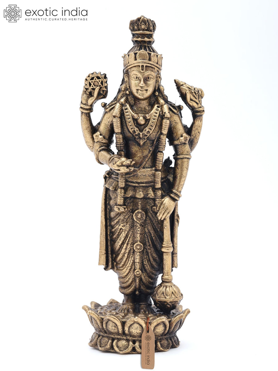5" Lord Vishnu Standing on Lotus Copper Statue with Sacred Symbols