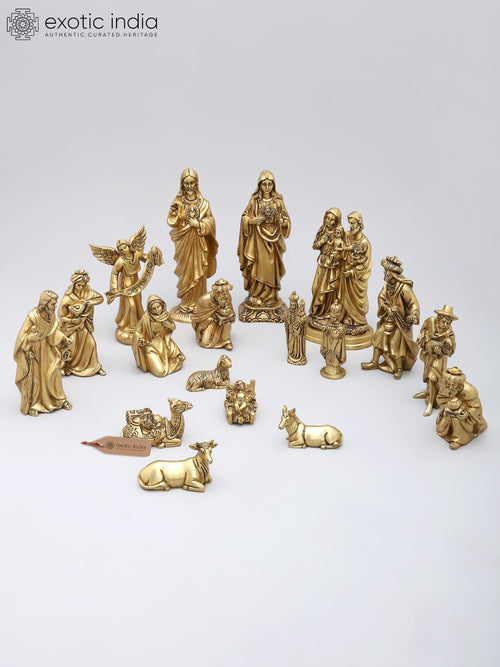 Small Handcrafted Brass Nativity Scene Set with Holy Family - 18 Piece Statue Collection