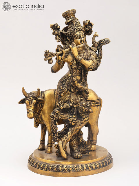 10" Gopala Lord Krishna, The Protector of Cows | Brass Statue