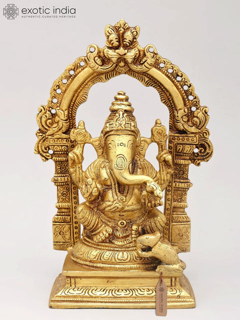 8" Chaturbhuja Lord Ganesha Seated on Kirtimukha Throne | Brass Statue
