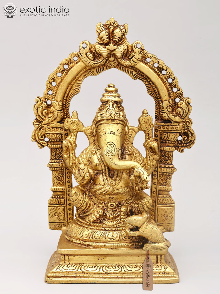 8" Chaturbhuja Lord Ganesha Brass Statue on Kirtimukha Throne